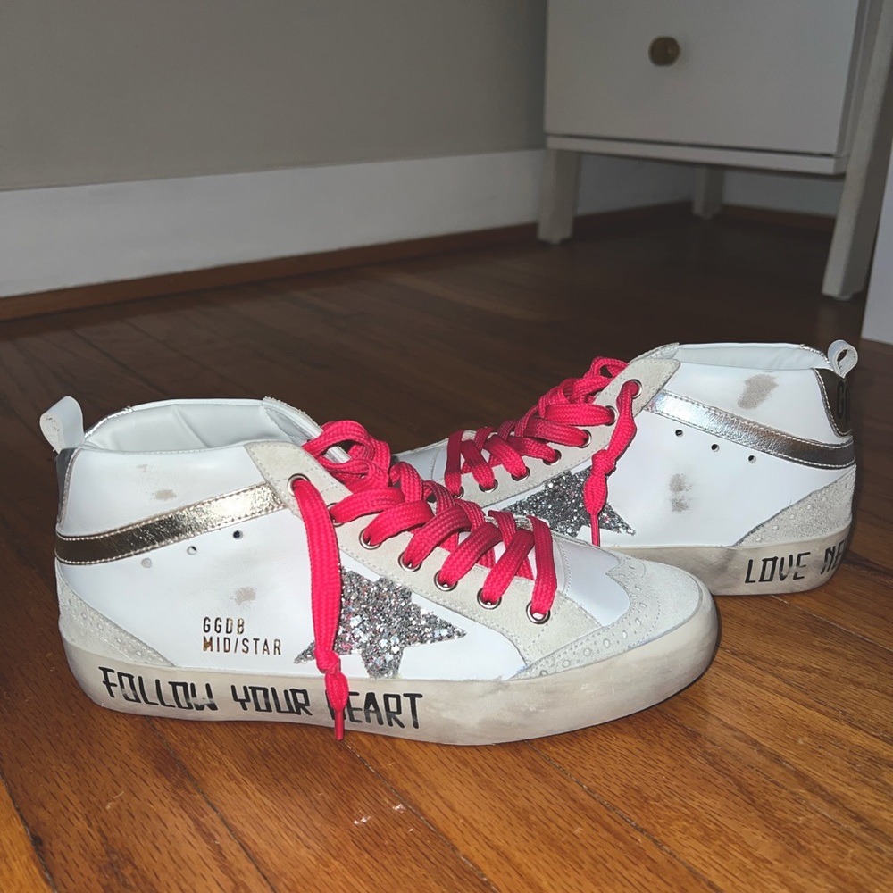 BRAND NEW Golden Goose Midstar Size 37 - White Leather, Pink Laces, Glitter Star